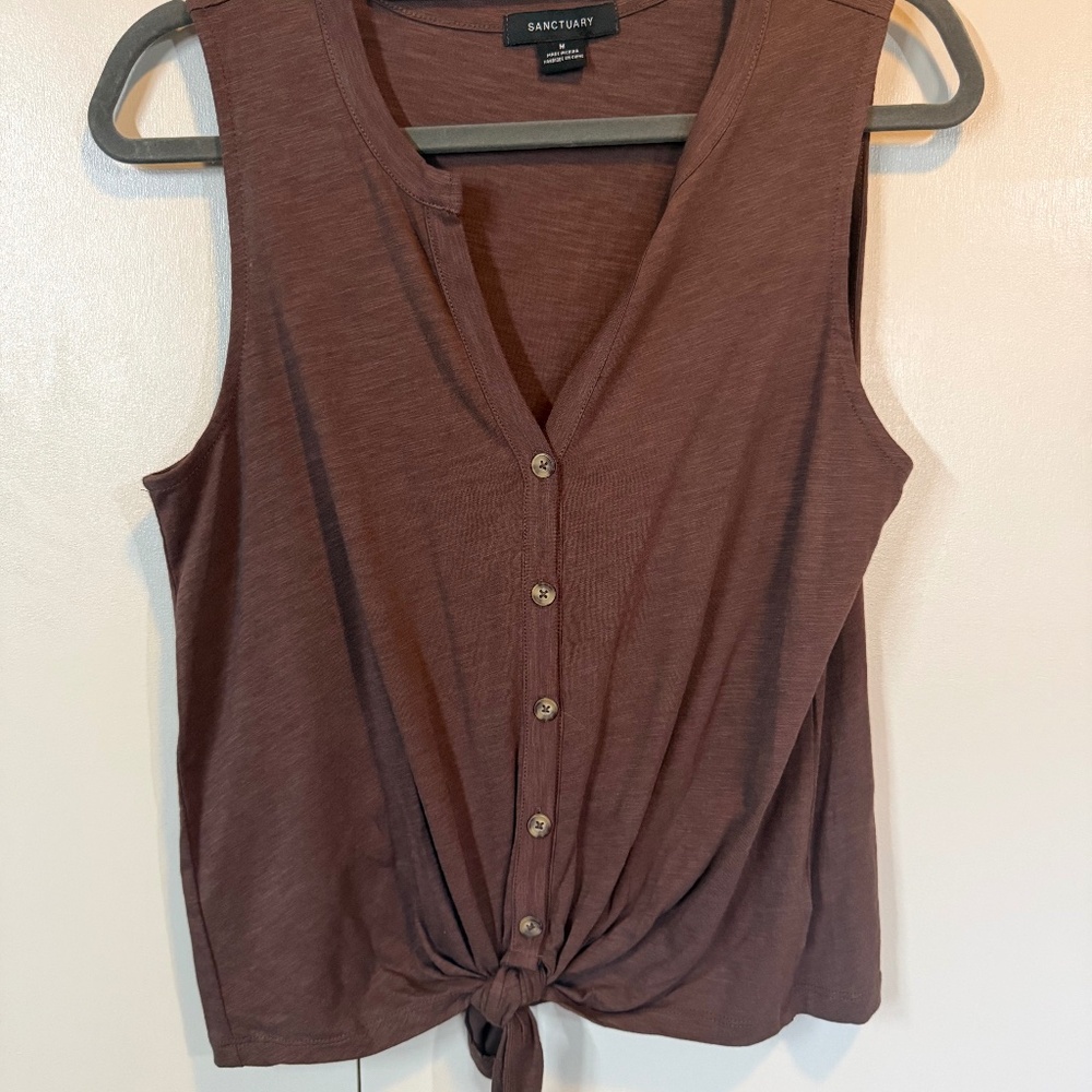 Sanctuary Tie Front Slub Jersey Button-Up Tank. Chocolate Brown Size M